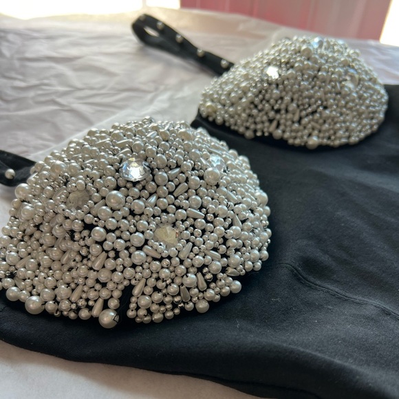 EUC VTG Pearl Mermaid cocktail mini dress 90s black pearls seashell bra - Picture 4 of 17